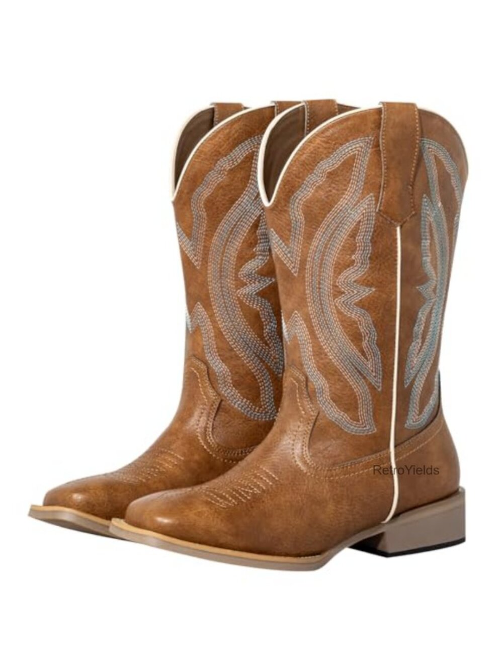 Extra Wide Calf Cowboy Boots Faux Leather Square Toe Pull On Western